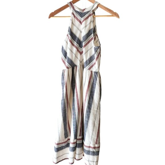 Blu Pepper 100% Cotton Dress Halter Style Midi Lined M Stripes Chevron - Picture 8 of 9